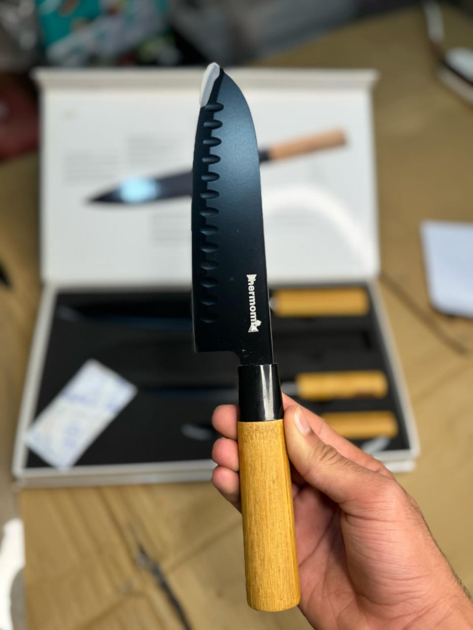 Thermomixer 4-Piece Japanese Knife Set Self-Sharpening Blades with Wooden Handles