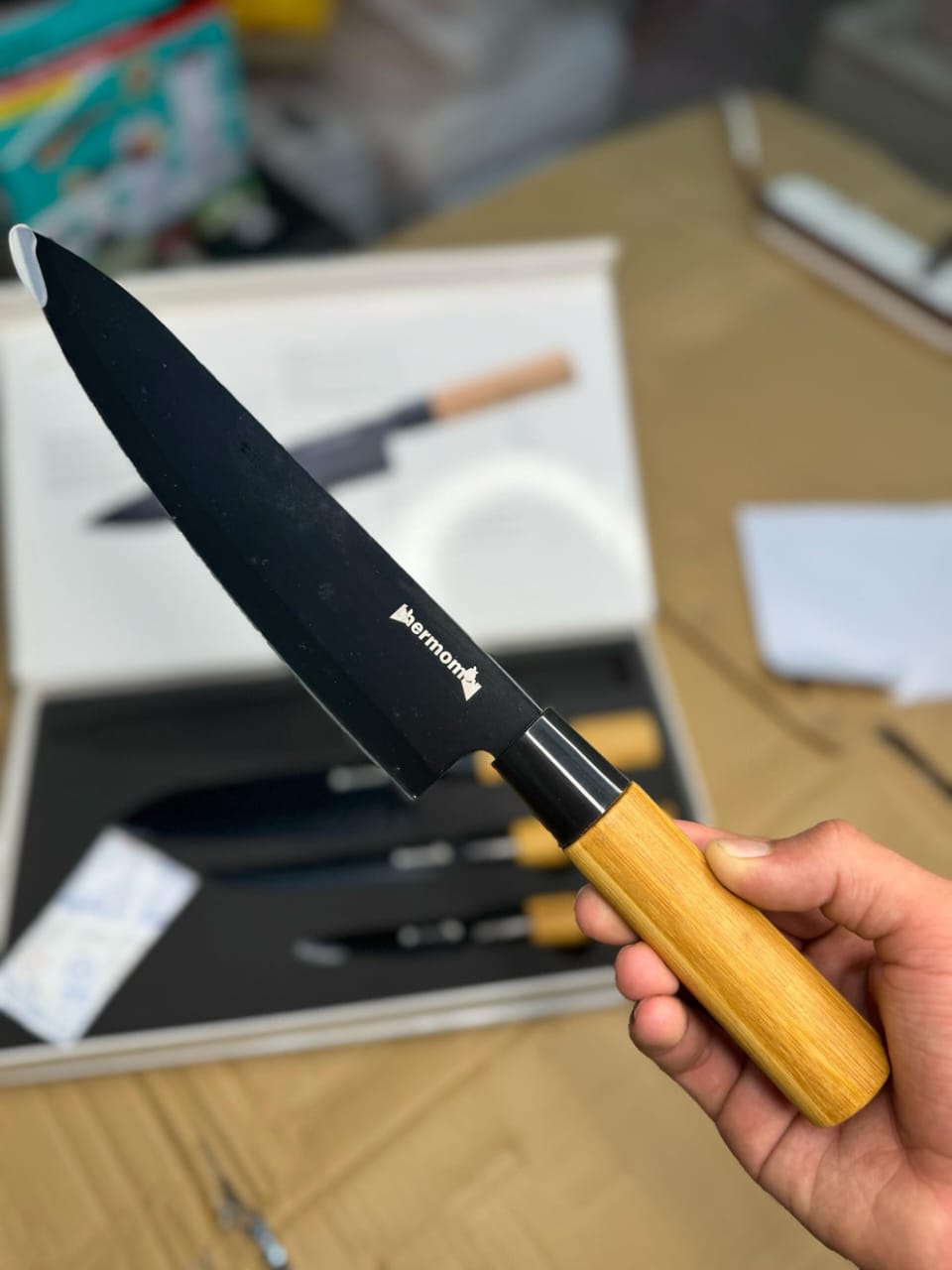 Thermomixer 4-Piece Japanese Knife Set Self-Sharpening Blades with Wooden Handles