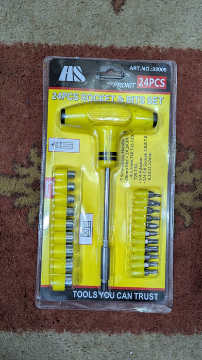 T-Bar Screwdriver Socket And Bits Set 24 Pcs