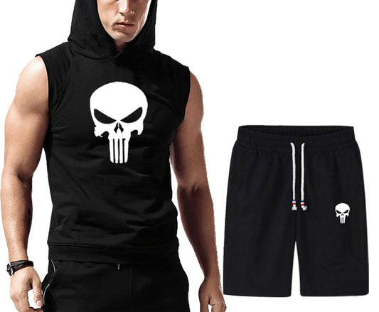 Men's Quick Dry Hooded+short Vest | Solid Black Color Fitness Training Muscle