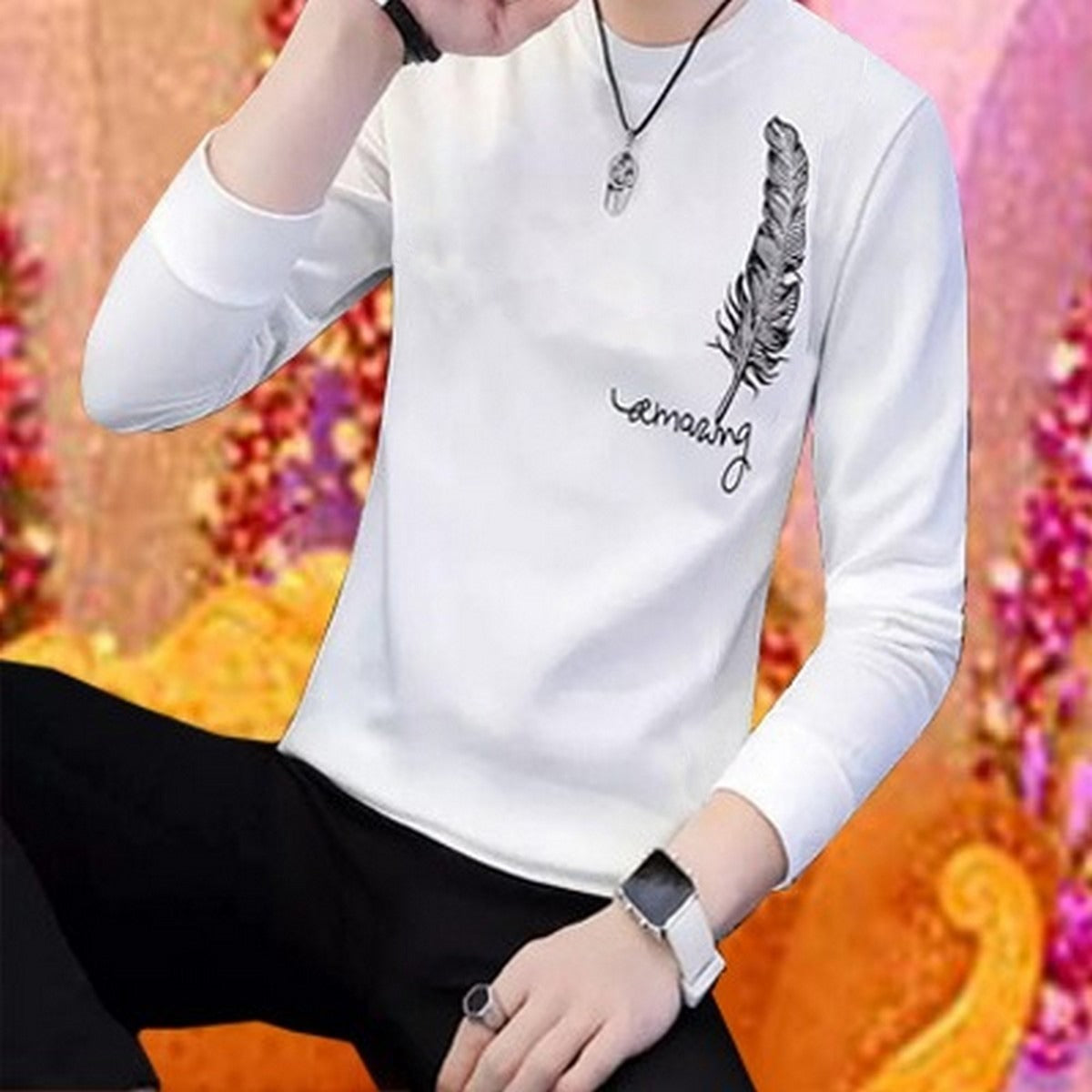 Men's Stylish Leaf Print Full Sleeves T-Shirt - Latest Designer Summer Collection