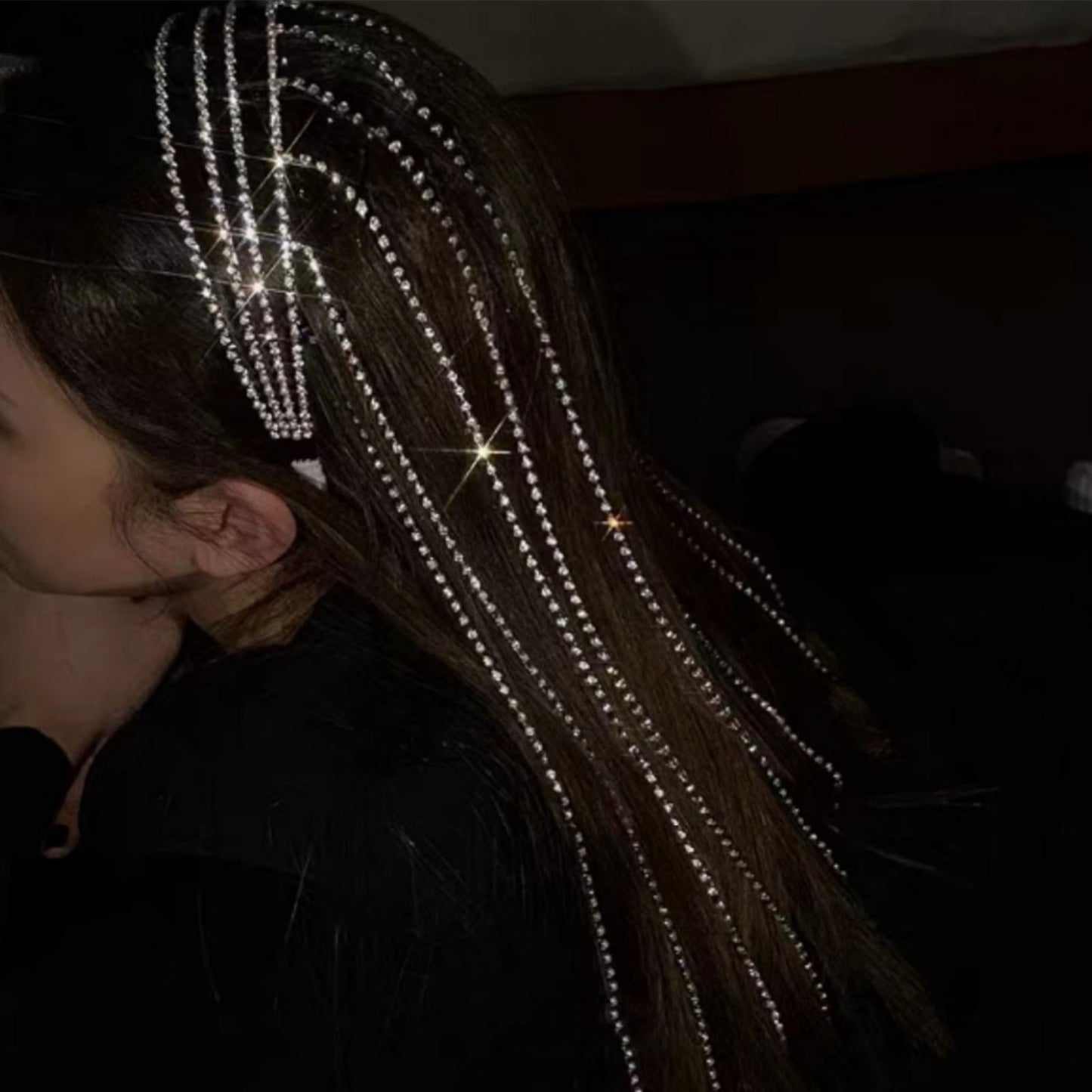 Full Rhinestone Long Tassel Headband For Women Multilayer Flashing Crystal Hairband Party