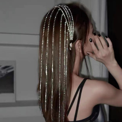 Full Rhinestone Long Tassel Headband For Women Multilayer Flashing Crystal Hairband Party