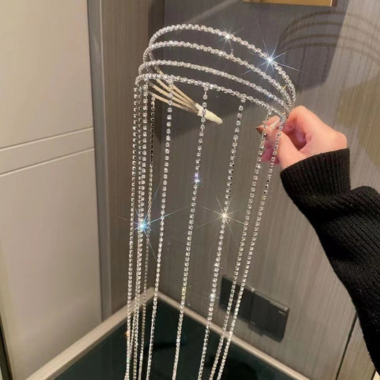 Full Rhinestone Long Tassel Headband For Women Multilayer Flashing Crystal Hairband Party