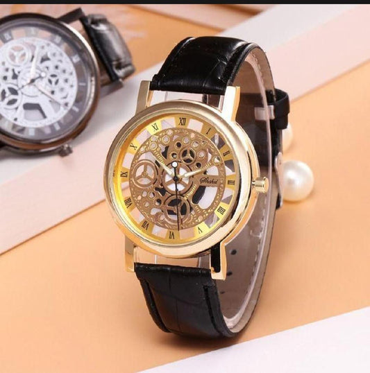 Stylish Leather Watch with Gold-Tone Stainless Dial &amp; Black Strap Without Box