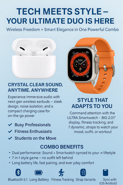 AirPods Pro 2 + Ultra 7-in-1 Smartwatch Combo | Premium Sound &amp;