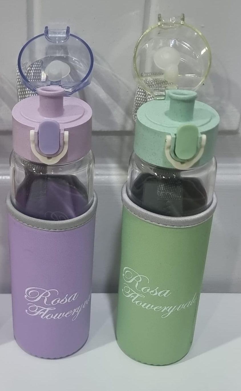 Rosa Flowery Glass Water Bottle with Protective Sleeve &amp; Flip-Top Cap (300ml)