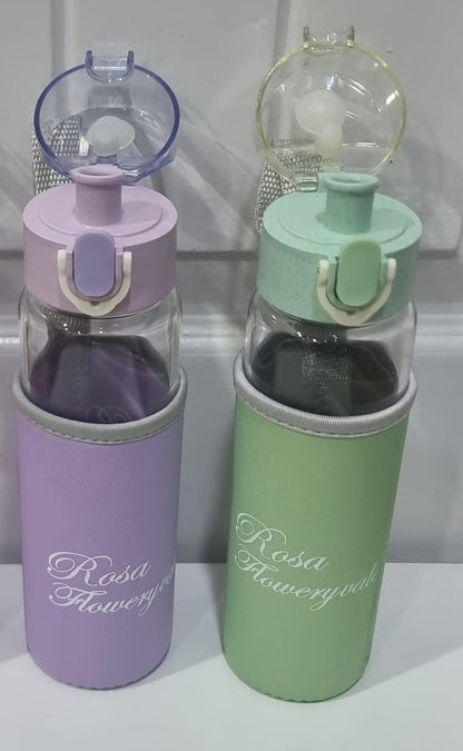 Rosa Flowery Glass Water Bottle with Protective Sleeve &amp; Flip-Top Cap (300ml)
