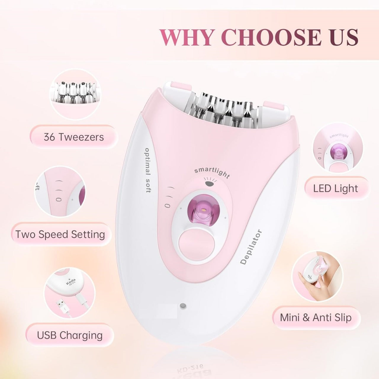 Daling DL-6032 Cordless Ladies Epilator with 2-Speed Adjustment, Painless Hair Removal, Rechargeable,