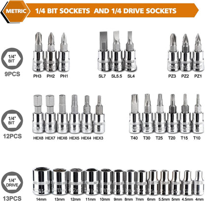 46-Piece Professional Socket Wrench Tool Set with Ratchet Handle, Sockets, Screwdriver Bits