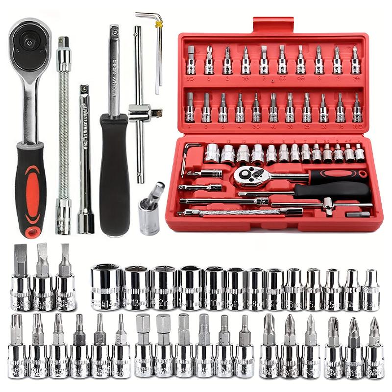46-Piece Professional Socket Wrench Tool Set with Ratchet Handle, Sockets, Screwdriver Bits