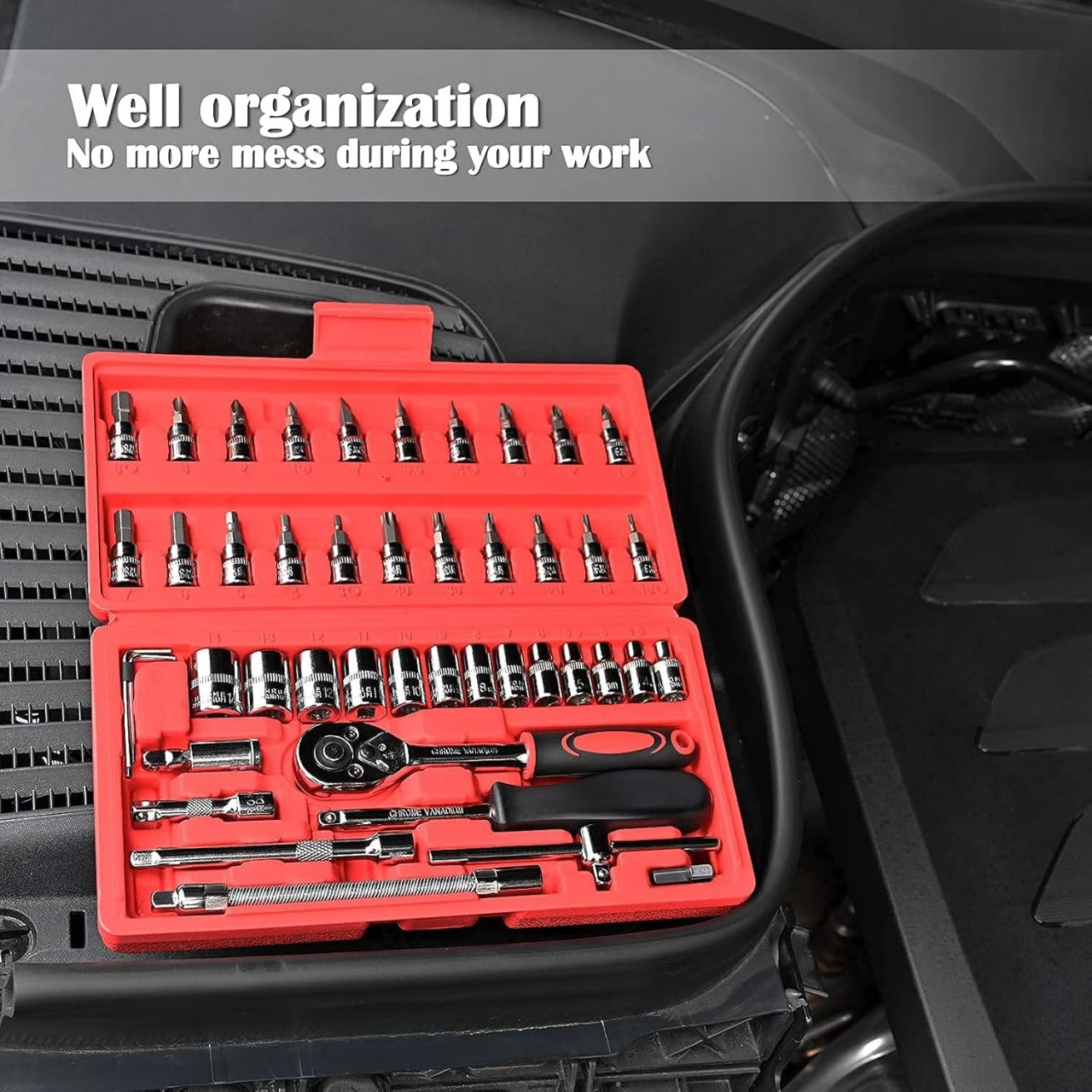 46-Piece Professional Socket Wrench Tool Set with Ratchet Handle, Sockets, Screwdriver Bits