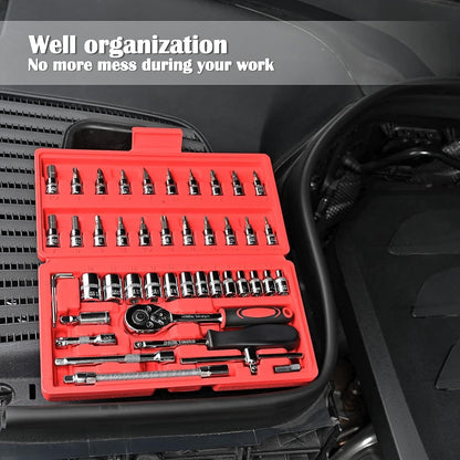 46-Piece Professional Socket Wrench Tool Set with Ratchet Handle, Sockets, Screwdriver Bits