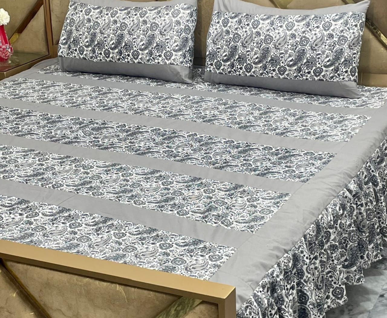 Luxury 3-Piece Frill Patchwork Double Bed Bedsheet Set Soft Cotton Blend,