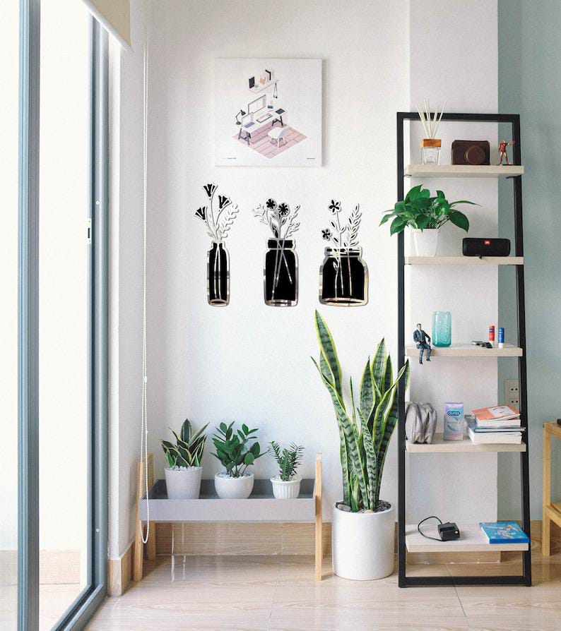 Set of 3 Modern Floral Vase Wall Decor - Golden &amp; Silver