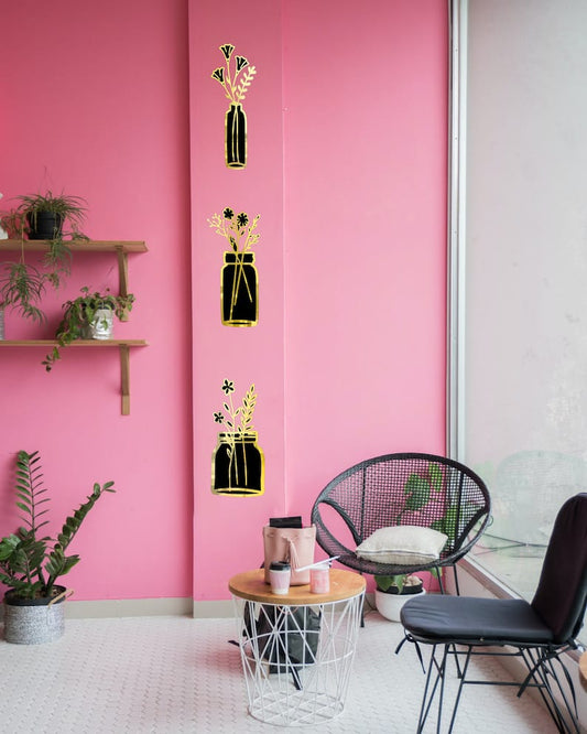 Set of 3 Modern Floral Vase Wall Decor - Golden &amp; Silver