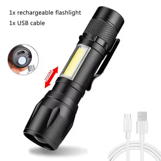 Super Bright USB Rechargeable Plastic Flashlight with Side Light Compact, Durable