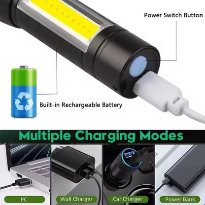 Super Bright USB Rechargeable Plastic Flashlight with Side Light Compact, Durable