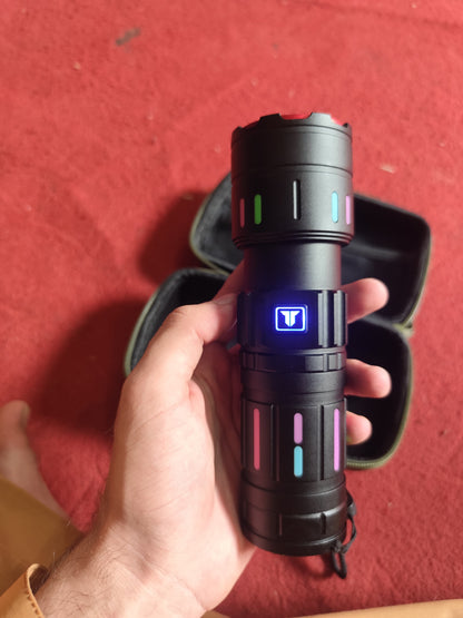 Tactical LED Flashlight Kit with Portable Green Hard Case High-Powered, Rechargeable,