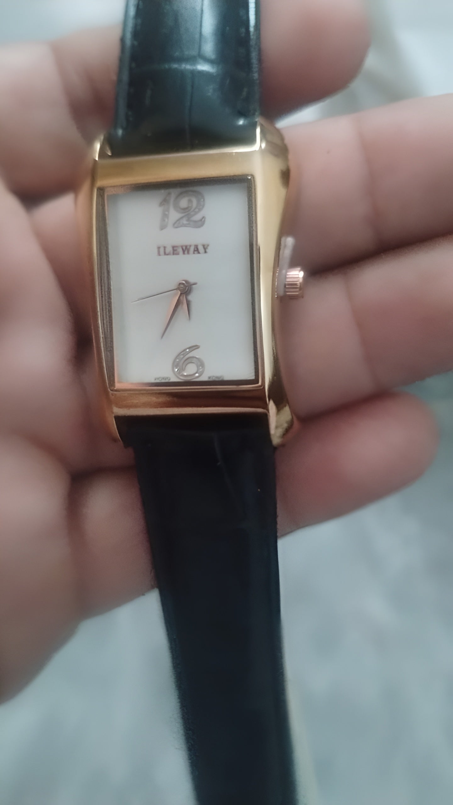 ILEWAY Luxury Rectangle Dial Waterproof Watch Gold-Tone Case, Black Leather Strap,
