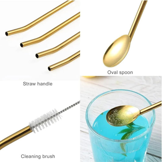 6-Piece Reusable Stainless Steel Straw Spoons with Cleaning Brush Eco-Friendly