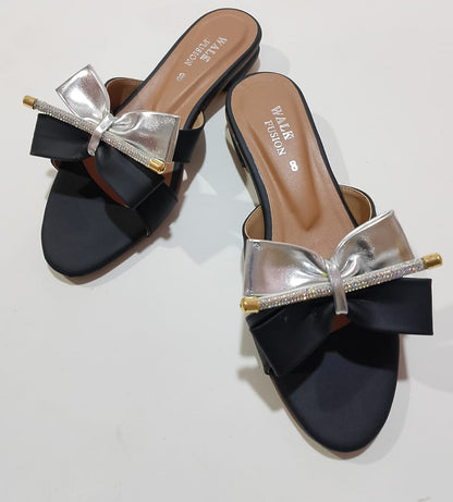 New Fashion New Design Black Bow Slide Sandals with Crystal Accent For - CheckNpays