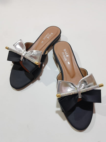 New Fashion New Design Black Bow Slide Sandals with Crystal Accent For - CheckNpays