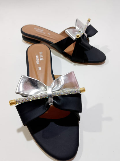 New Fashion New Design Black Bow Slide Sandals with Crystal Accent For - CheckNpays