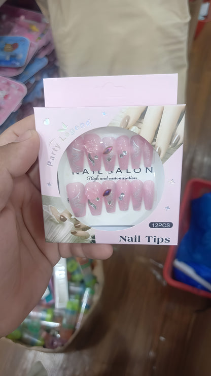 Luxury Pink Nail Tips Set 12 PCS False Nails with Glitter - CheckNpays