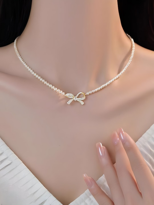 PQT-992 - Bow Shape Pearl Pendant Necklace for Women Dainty Jewelry