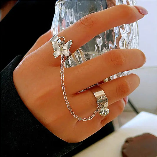 2 Finger Silver Butterfly rings | Trendy Butterfly pair rings set |