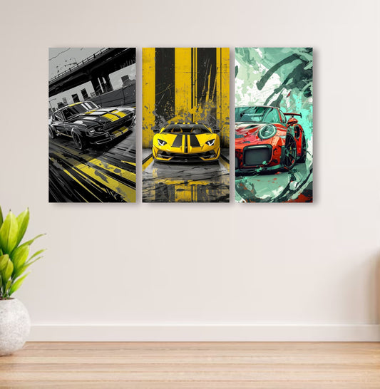Set Of 3 Cars Art Wooden Frames For Wall Decoration / Sticky