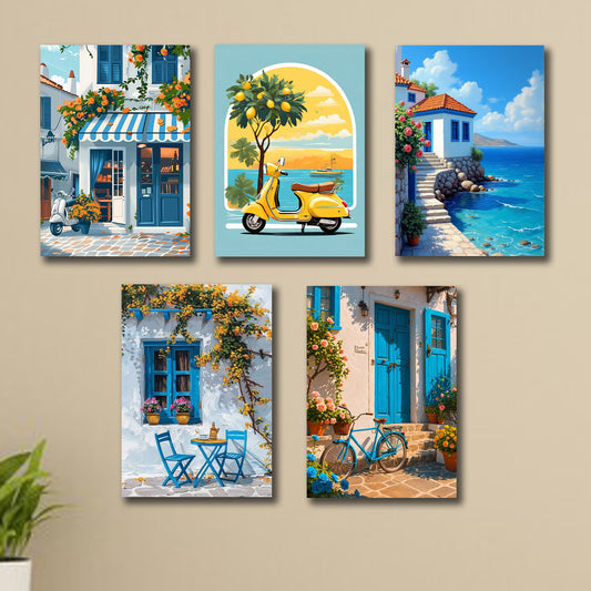 Set of 5 Italian Vintage Homes Art Themed Wall Art Wooden Sticky