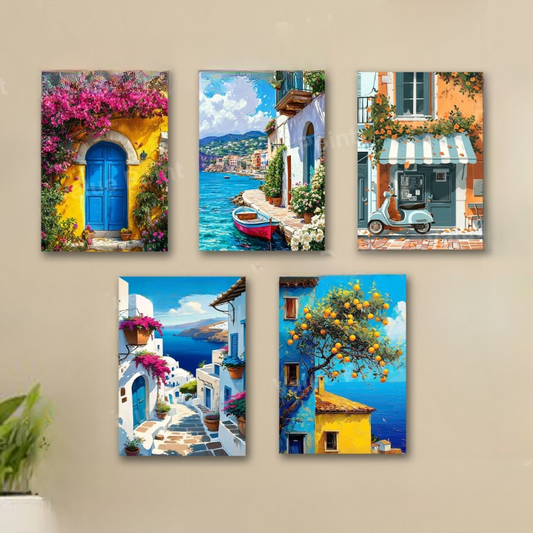 set of 5 italian mediterranean vintage homes aesthetic art themed wall art