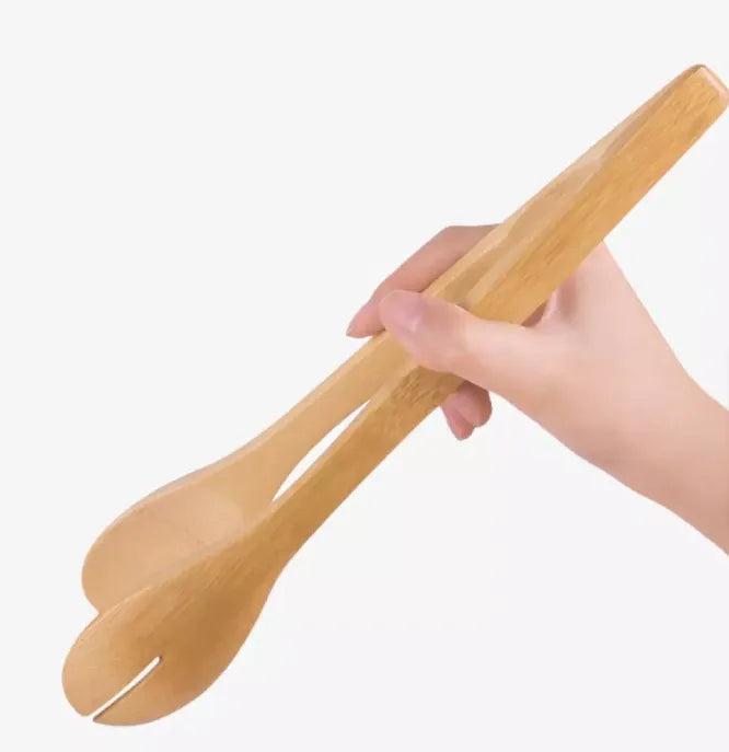 4Pcs Wooden Bamboo Utensil Set Spoon Ladle Slotted Turner Food Tongs Cooking