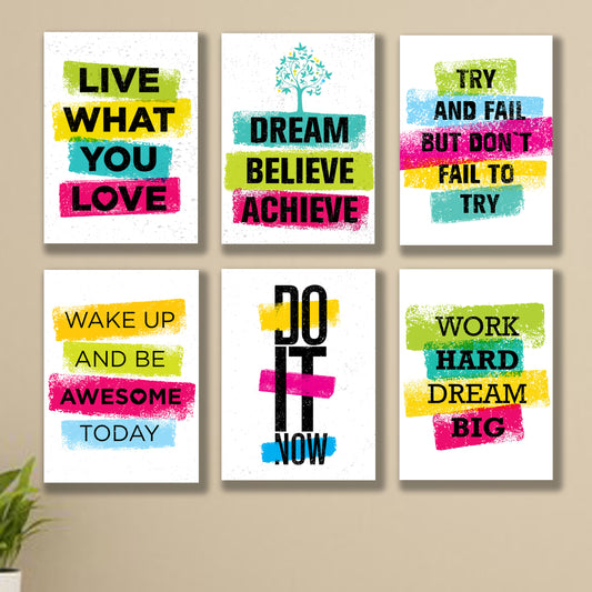 set of 6 Motivational sticky canvas frames for wall decore / sticky