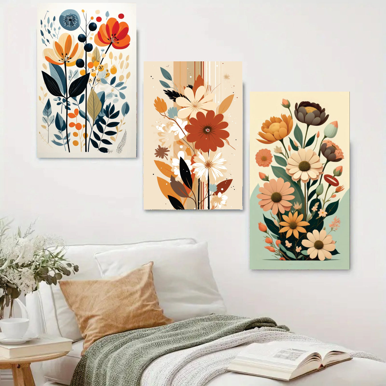 Set Of 3 Flower Sticky Canvas Phototiles Frame For Wall, Home Decor