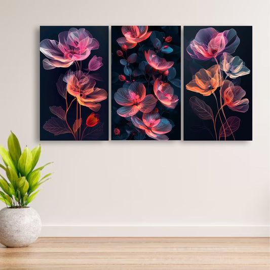 Set Of 3 Flowers Art Wooden Frames For Wall Decoration / Sticky