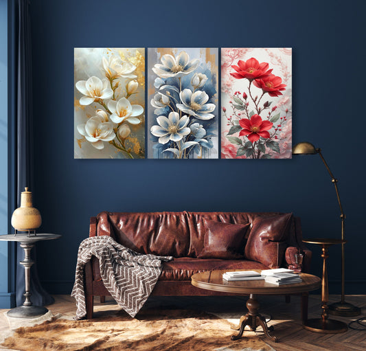 Set Of 3 Flowers Art Wooden Frames For Wall Decoration / Sticky