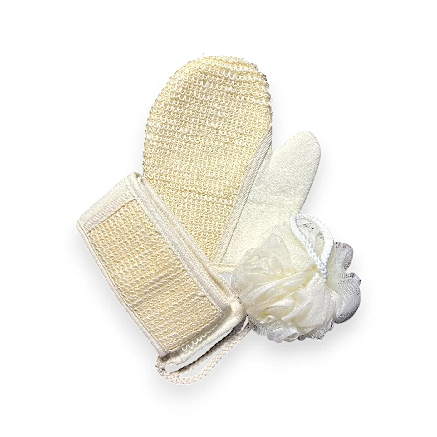 Exfoliating Bath Set: Loofah Gloves, Back Scrubber Belt &amp; Loofah Sponge -