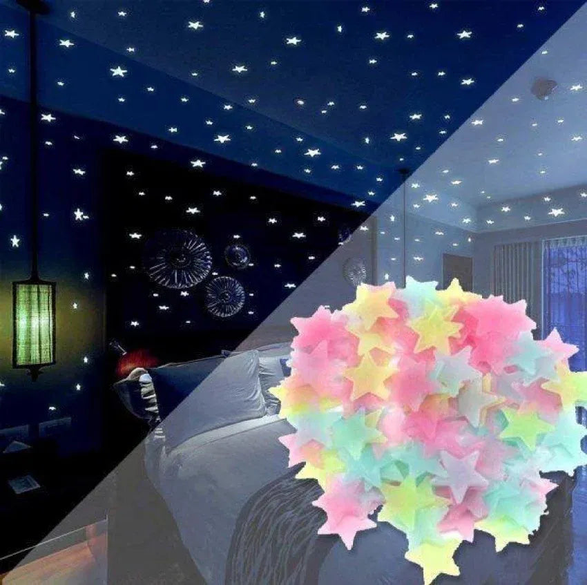 Pack of 100 3D Glowing Stars for Ceiling and Wall Decoration