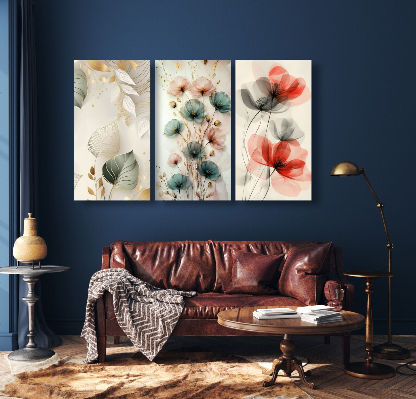 Set Of 3 Flowers Art Wooden Frames For Wall Decoration / Sticky