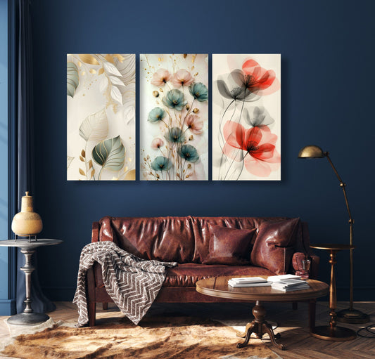 Set Of 3 Flowers Art Wooden Frames For Wall Decoration / Sticky