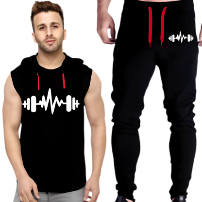 Black Vinyl Dumble Printed Gym Summer Hooded Sleeveless Tracksuit for Mens (Hooded