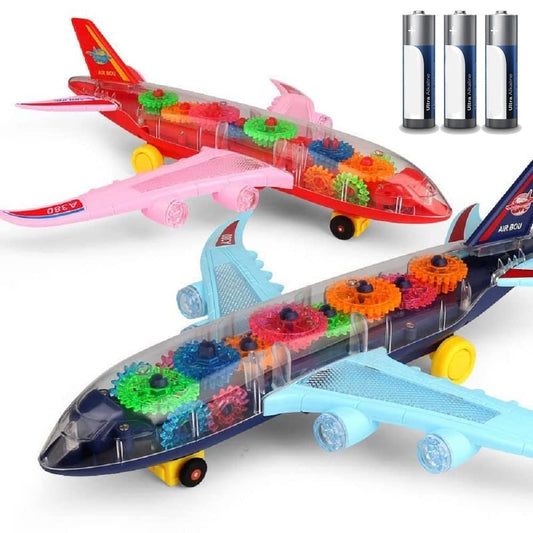 New Trending Transparent Gear Plane Toy Light Mode, Music, Bump-and-Go Action,