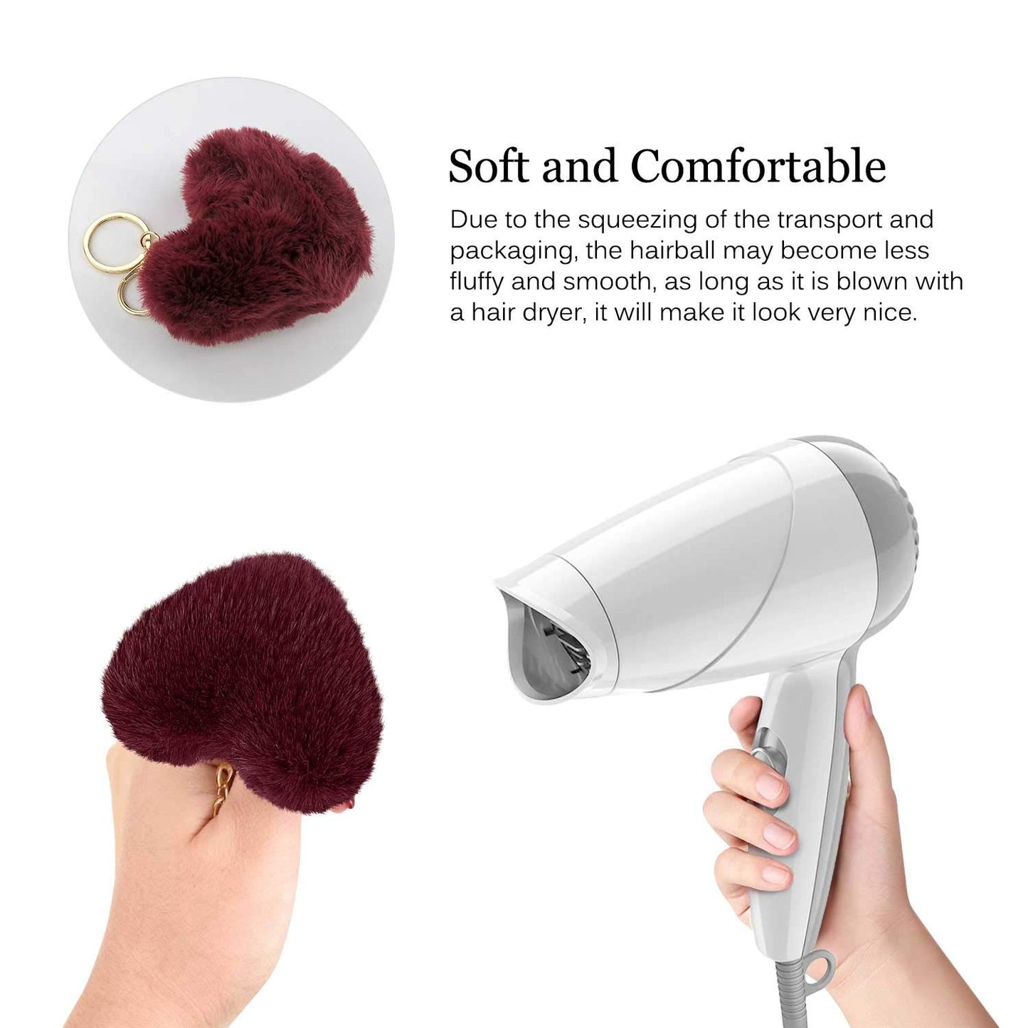 01 PCs Heart Fluffy Fur Ball Pom Pom Keychain Keychains For