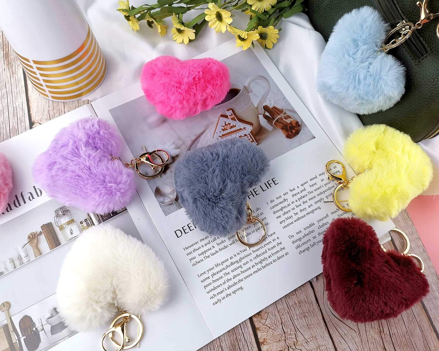 01 PCs Heart Fluffy Fur Ball Pom Pom Keychain Keychains For