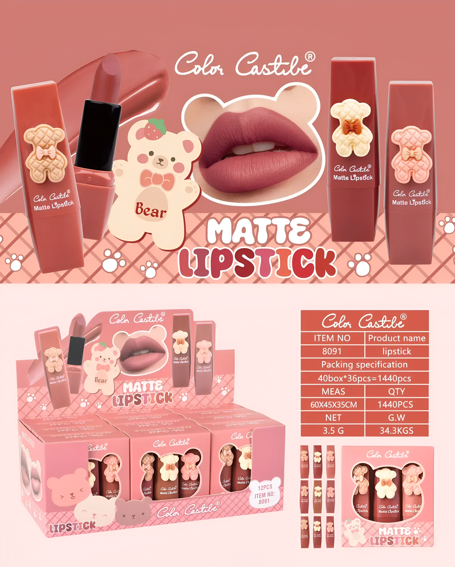 Color Castile Pack of 3 Bear Shape Matte Lipsticks Long-Lasting, Bold - CheckNpays