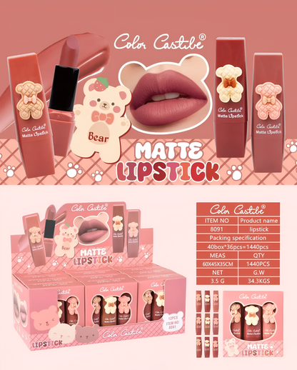 Color Castile Pack of 3 Bear Shape Matte Lipsticks Long-Lasting, Bold - CheckNpays
