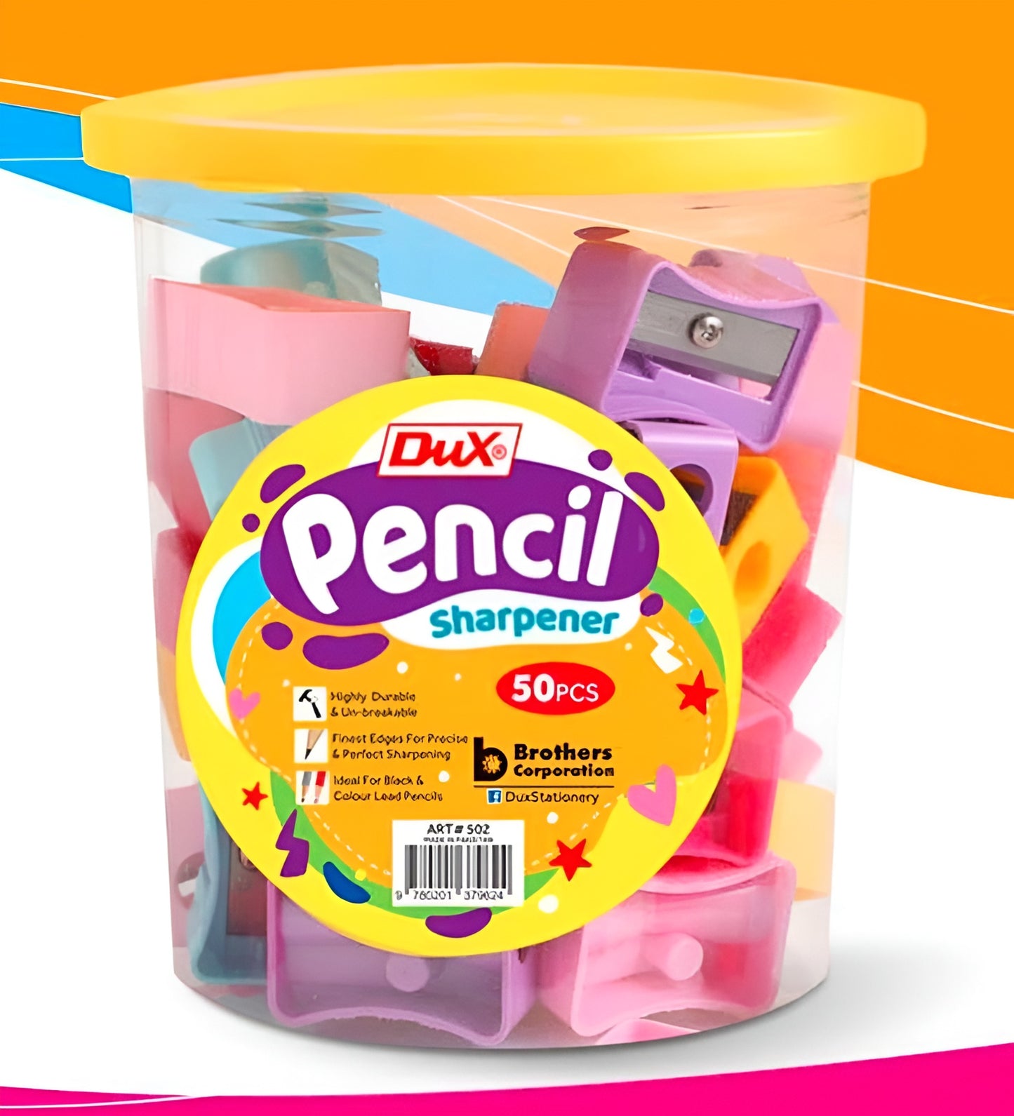 Pack of 50 DUX Plastic Pencil Sharpeners with 8mm Blade, Durable Multicolor